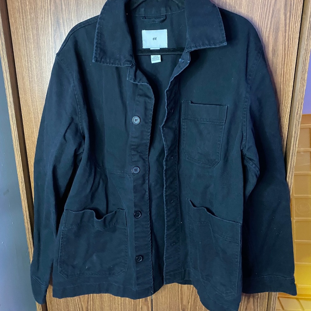 H&M Chore Jacket Mens Size L Black Cotton Twill Workwear Utility Coat